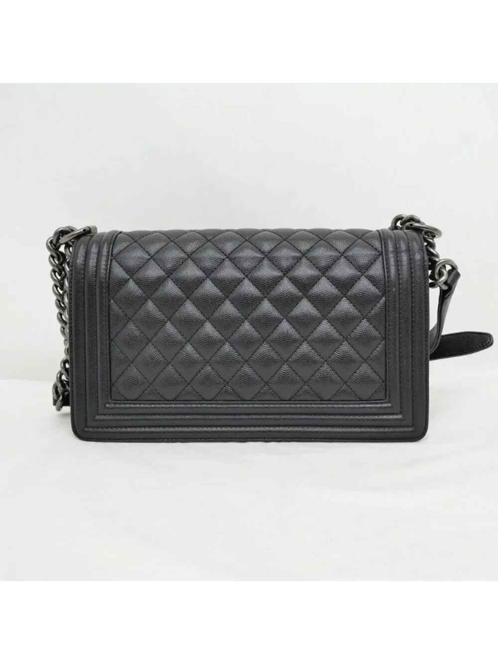 Chanel Boy 25 Chain Shoulder Bag Caviar Leather Quilted Black Gun